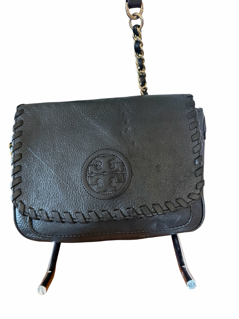 Tory Burch Black Leather Whipstitch Flap Crossbody